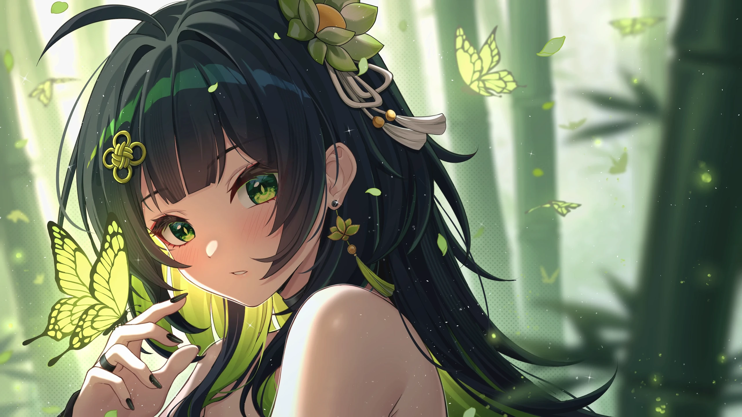 Arden's original character in a bamboo grove, glowing butterflies around her